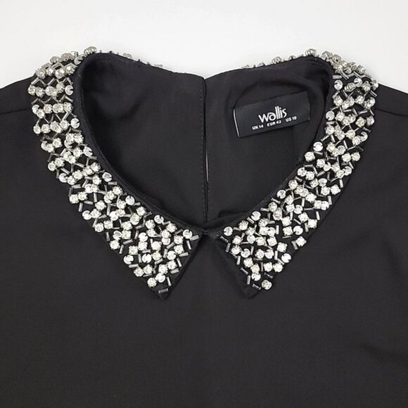 Wallis Women's Black Sleeveless Tunic Top Beaded Collar Applique Slits Size 10 - Picture 6 of 12